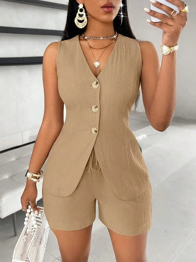 Fashion Casual Shorts Set 2-piece Women's Comfortable Casual Solid Color Button Sleeveless Vest Lace Up Shorts Set