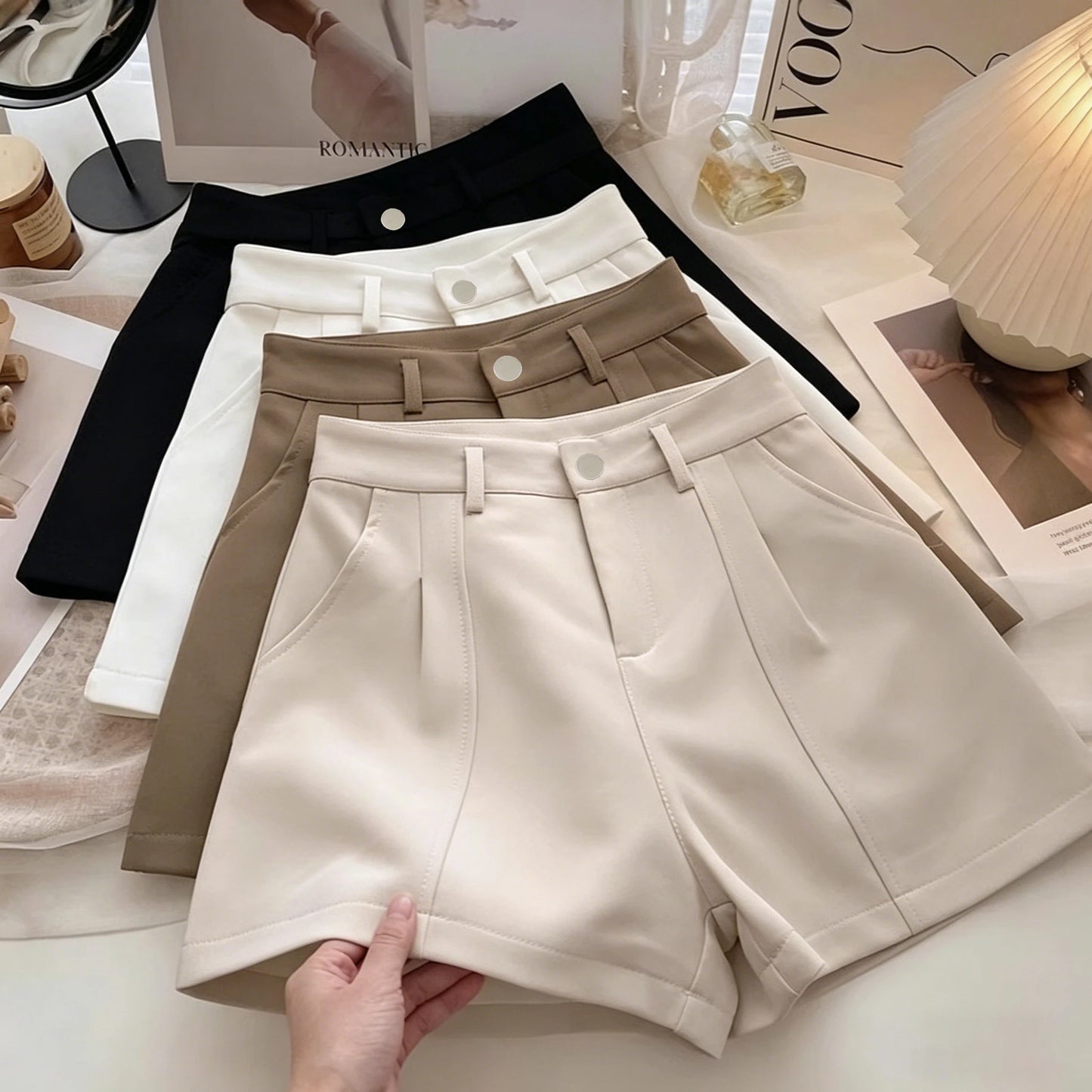 Women‘s Casual shorts Fashion Elegant Office Lady Commute Vintage Solid High Waist Short Pants Casual Streetwear Summer Trousers