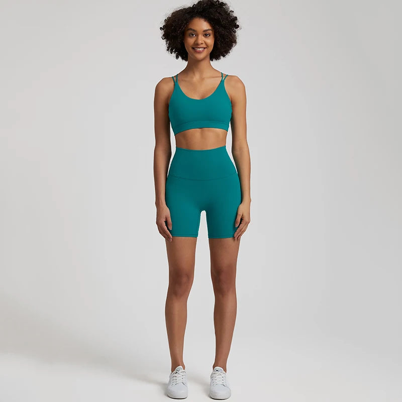 Naked Feel Gym Set Women Workout Clothes High Waist Yoga Shorts and Strappy Sports Bra 2 Piece Short Sets Summer Running Outfits