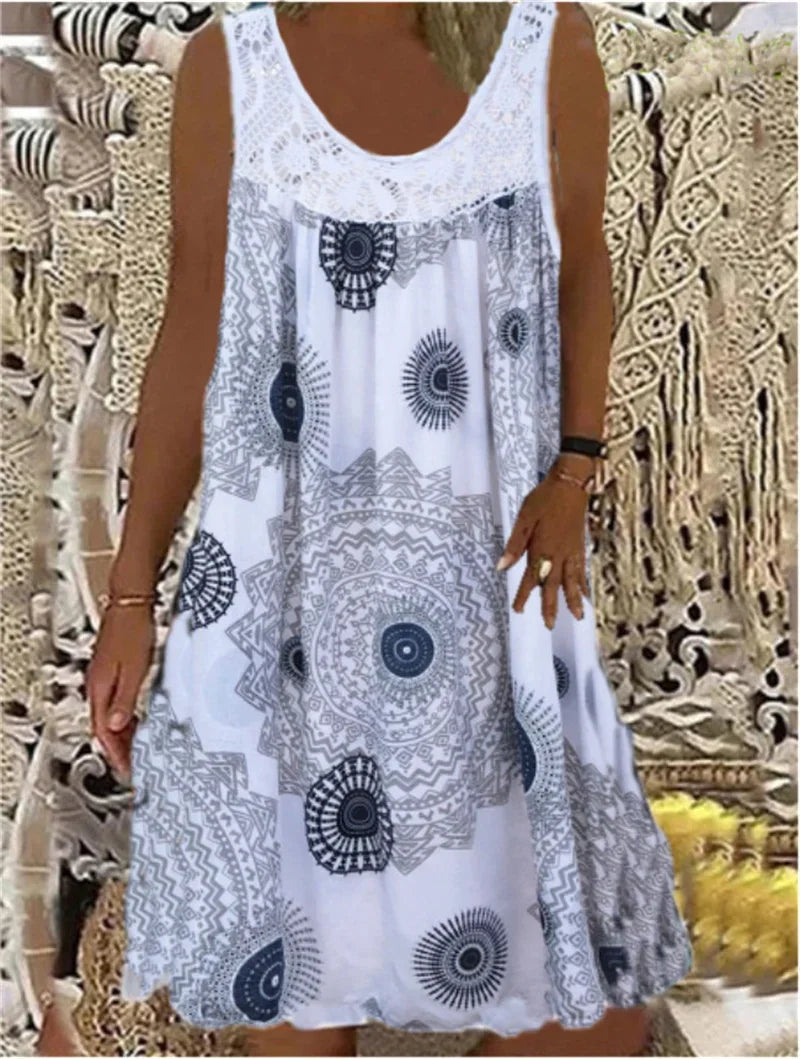 Elegant Lace Splicing O Neck Dresses Women Summer Comfortable Casual Sleeveless Dress Vintage Print Female Loose Midi Gown 2024