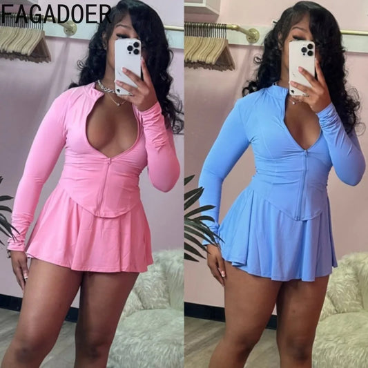 FAGADOER 2024 INS Trendy Sporty Streetwear 2 Piece Set Women Slim Zip Coat + Mini Pleated Skirts Sets (Shorts Inside The Skirt)