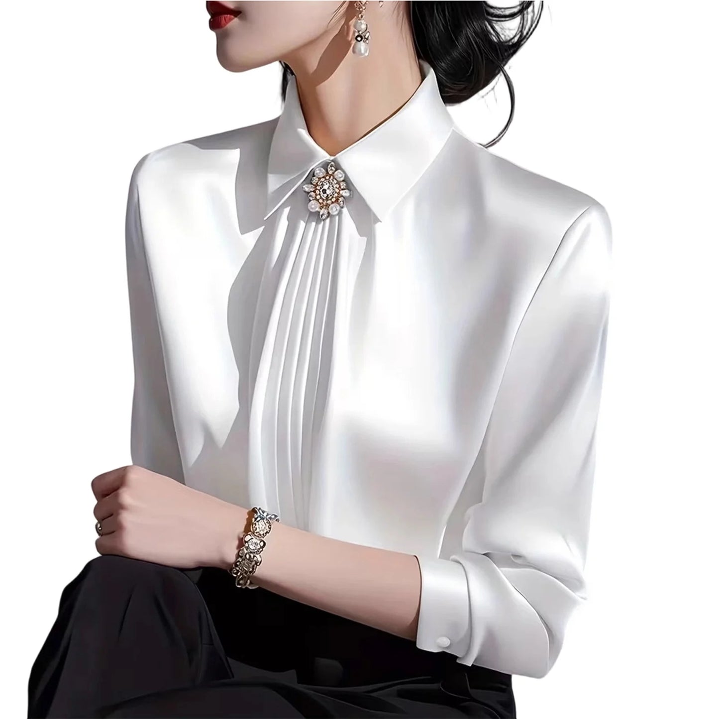Women Daily Business Blouse Elegant Satin Solid Color With Bow Lapel Blouse Lady Refined Temperament Long Sleeve Cozy Top