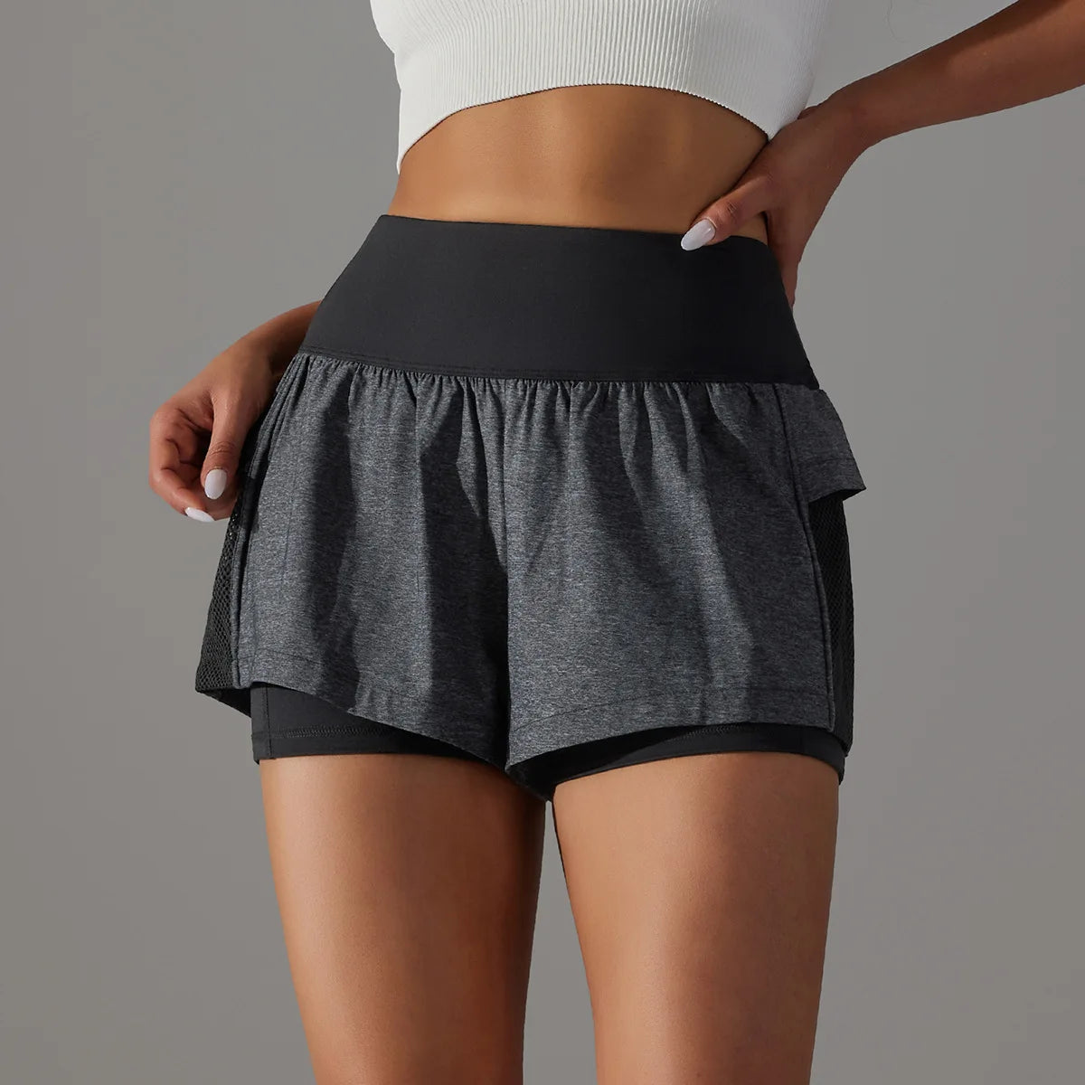 Women's High Waist Stretch Athletic Workout Active Fitness Volleyball Shorts 2 in 1 Running Double Layer Sports Shorts
