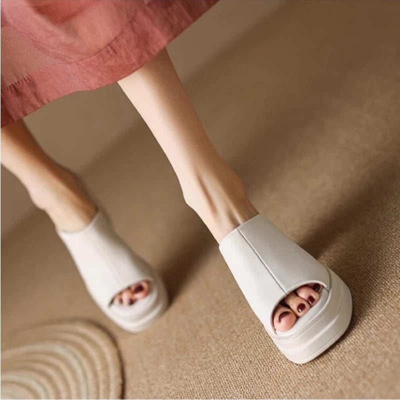 Women's Slippers Summer New High Heels Thick Bottom Round Head Open Toe Simple Sandals Casual Comfort Increase Root Slippers