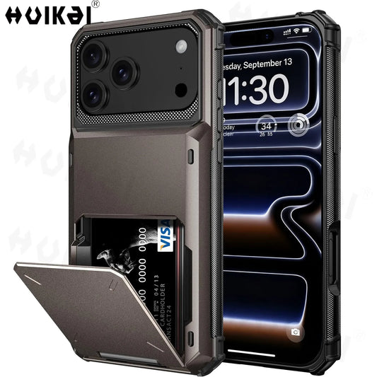 Card Holder Case For iPhone 17 Pro Max 17e 16 Pro Max 15 14 13 12 Heavy Duty Wallet Hidden Flip Slot Protective Hard Back Covers