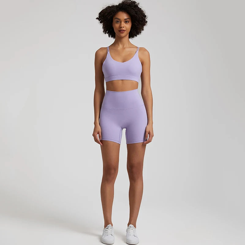 Naked Feel Gym Set Women Workout Clothes High Waist Yoga Shorts and Strappy Sports Bra 2 Piece Short Sets Summer Running Outfits