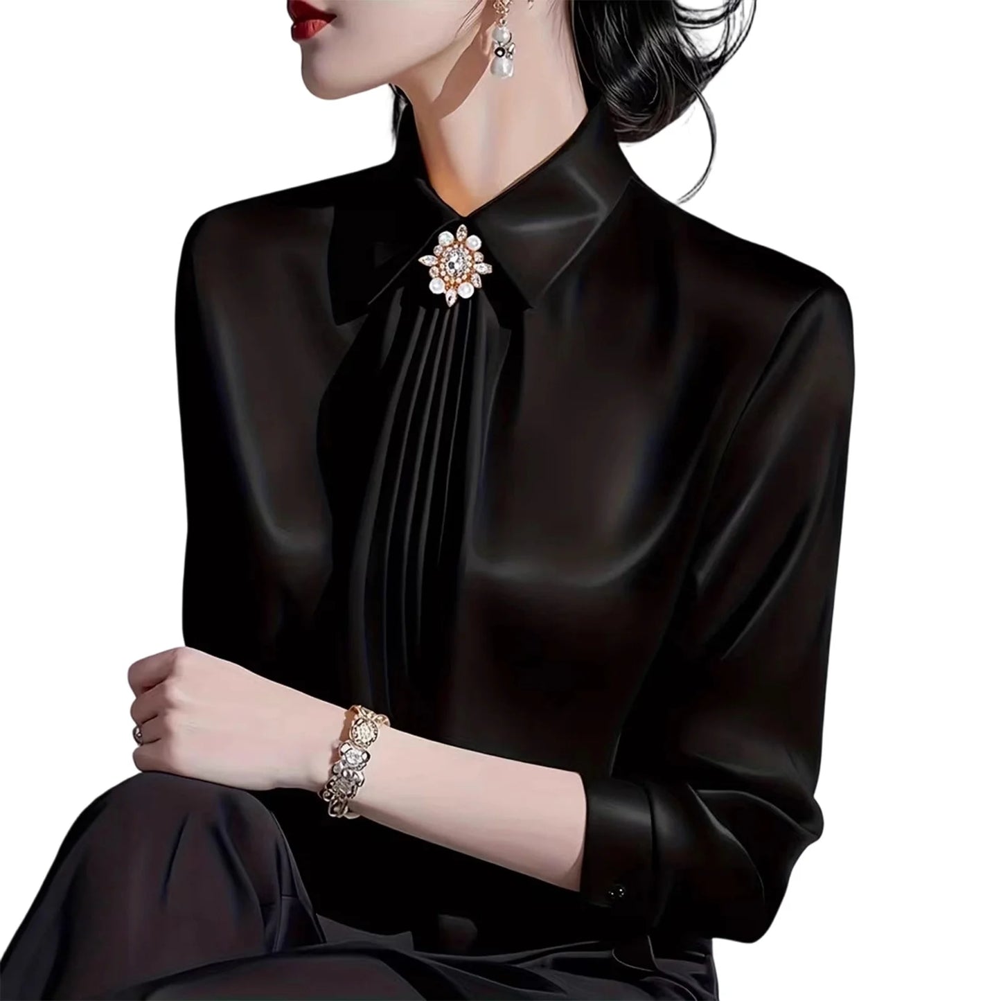 Women Daily Business Blouse Elegant Satin Solid Color With Bow Lapel Blouse Lady Refined Temperament Long Sleeve Cozy Top