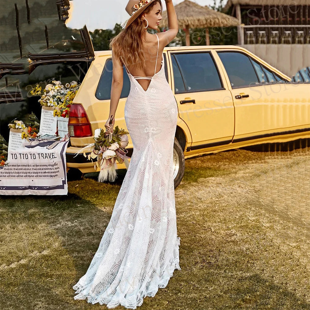 Modern V Neck Mermaid Spaghetti Straps Wedding Dresses Modest Lace Bride Gowns Sleeveless Backless Vestidos De Noiva For Women