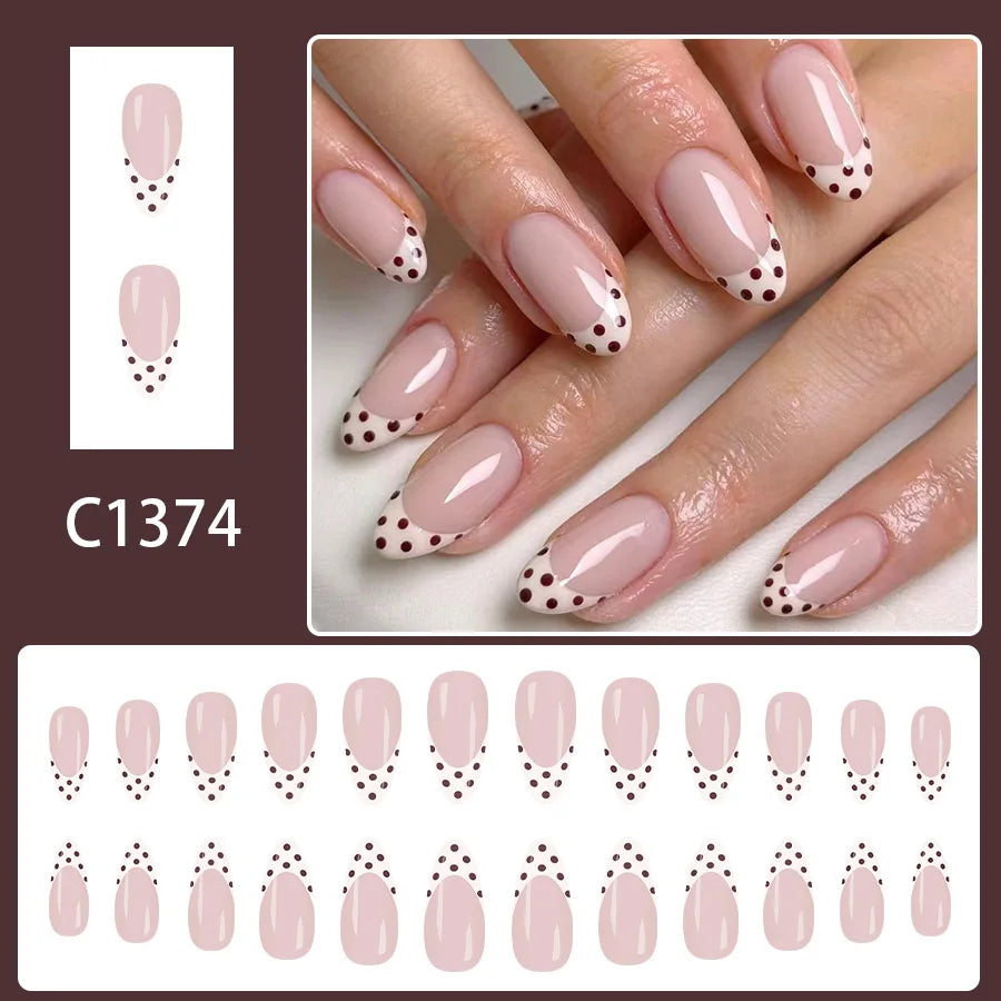 Sweet French Style Medium Almond Press On Nails 24pcs White with Brown Tips and Dots