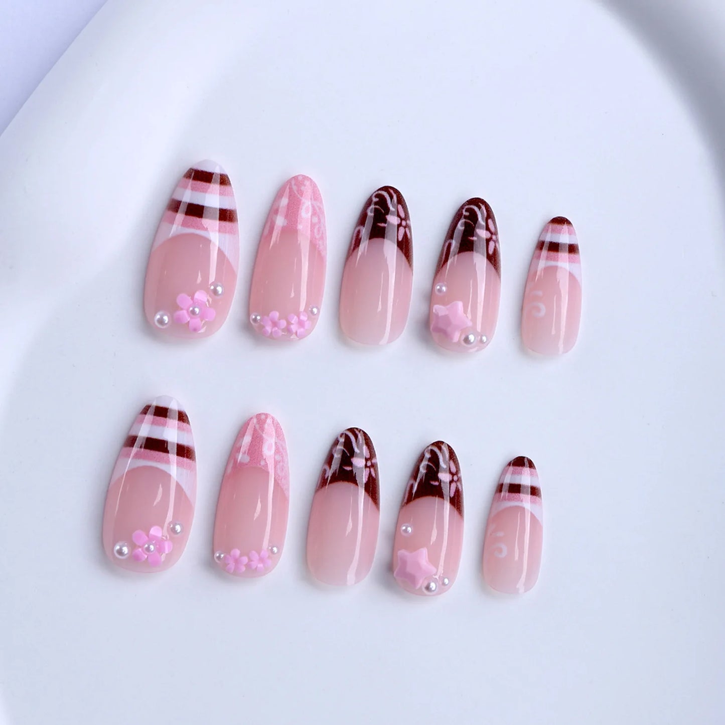 24pcs Spring Day Sweet False Nails Cute Pink Flower Star Pearl Designs Press On Nails Stripes French Style Almond Fake Nail