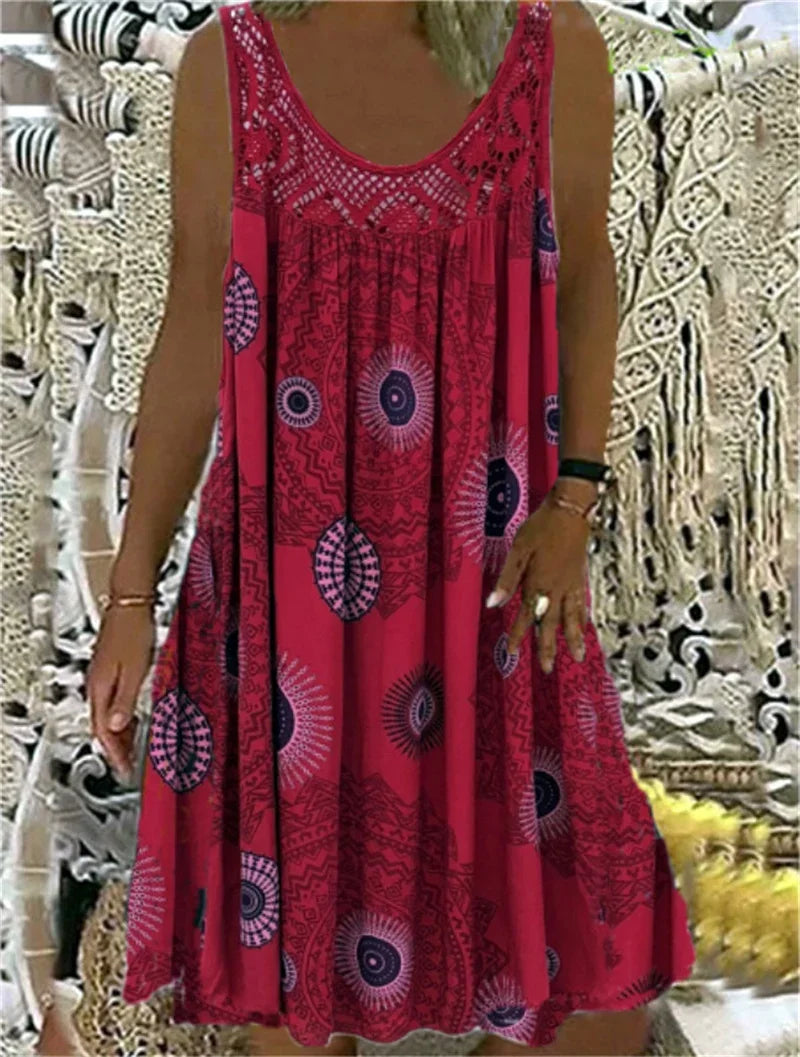 Elegant Lace Splicing O Neck Dresses Women Summer Comfortable Casual Sleeveless Dress Vintage Print Female Loose Midi Gown 2024