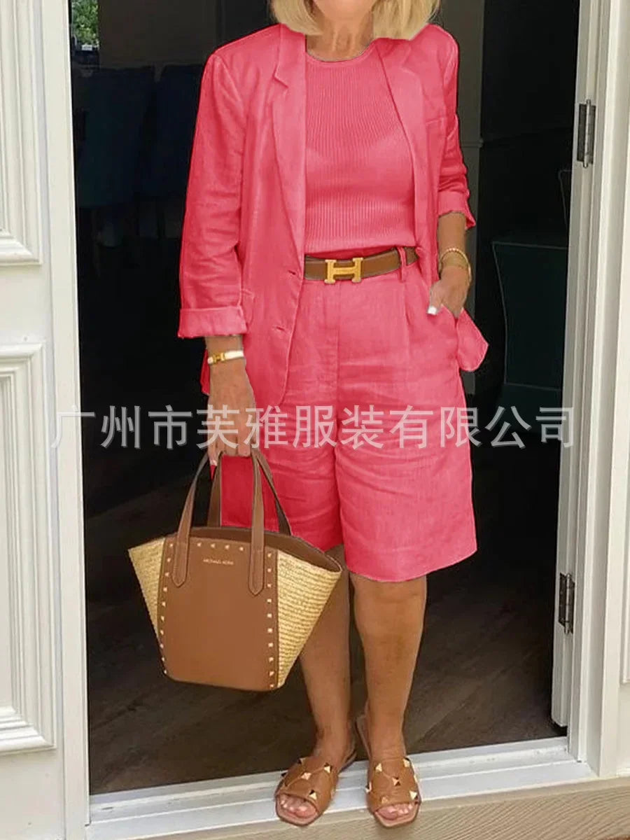 1 Set Blazer Short Sets Half Shorts Solid Color Single Breasted Women's Suit Summer Loose-fitting Buttons Outfit for Office