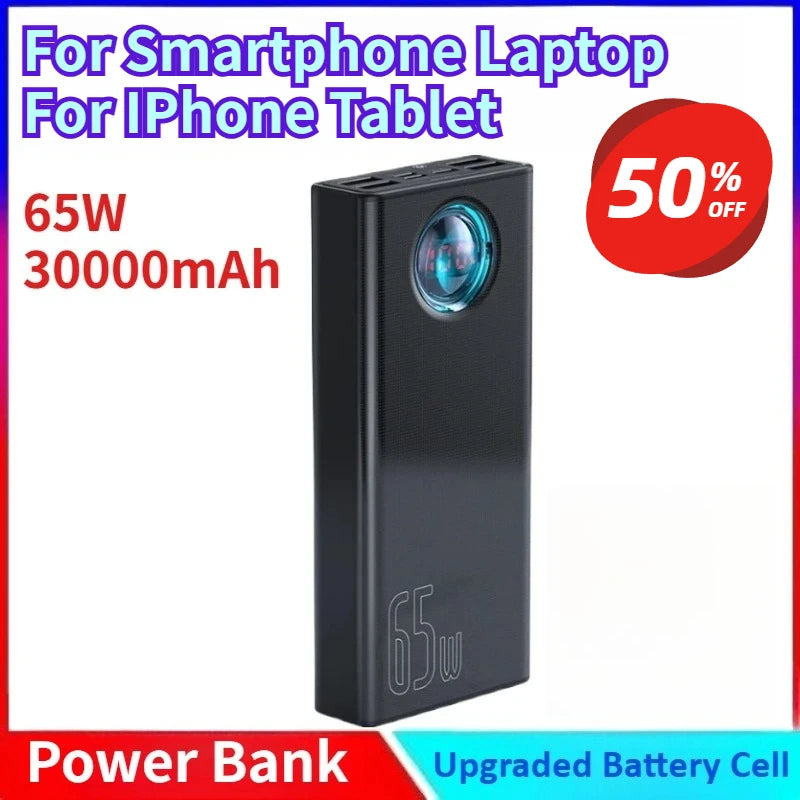 New Power Bank 65W 30000mAh PD Quick Charge FCP SCP Powerbank Portable External Charger for Smartphone Laptop for IPhone Tablet