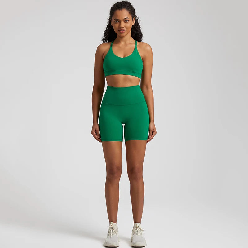 Naked Feel Gym Set Women Workout Clothes High Waist Yoga Shorts and Strappy Sports Bra 2 Piece Short Sets Summer Running Outfits