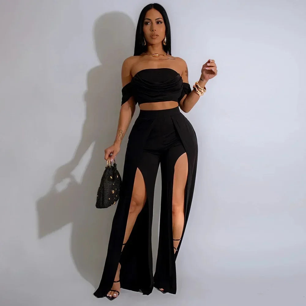 Women's Set Short Sleeve Slash Neck Ruched Tops and Wide Leg split Pants 2025 Street Two 2 Piece Sets Outfit Tracksuits