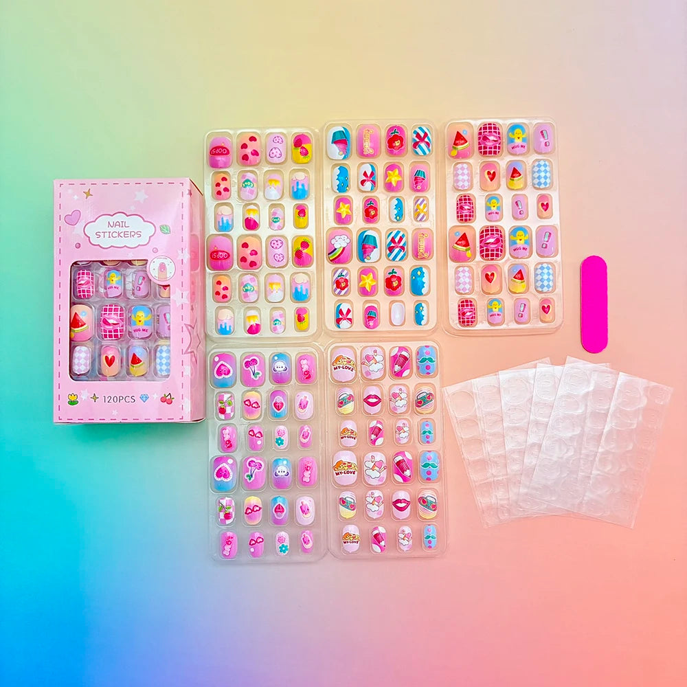 120pcs Cartoon Press On Nails For Kids Cute Children's Pink Acrylic Artificial Fale Nails With Glue&File Girls Gift-Fake Nails