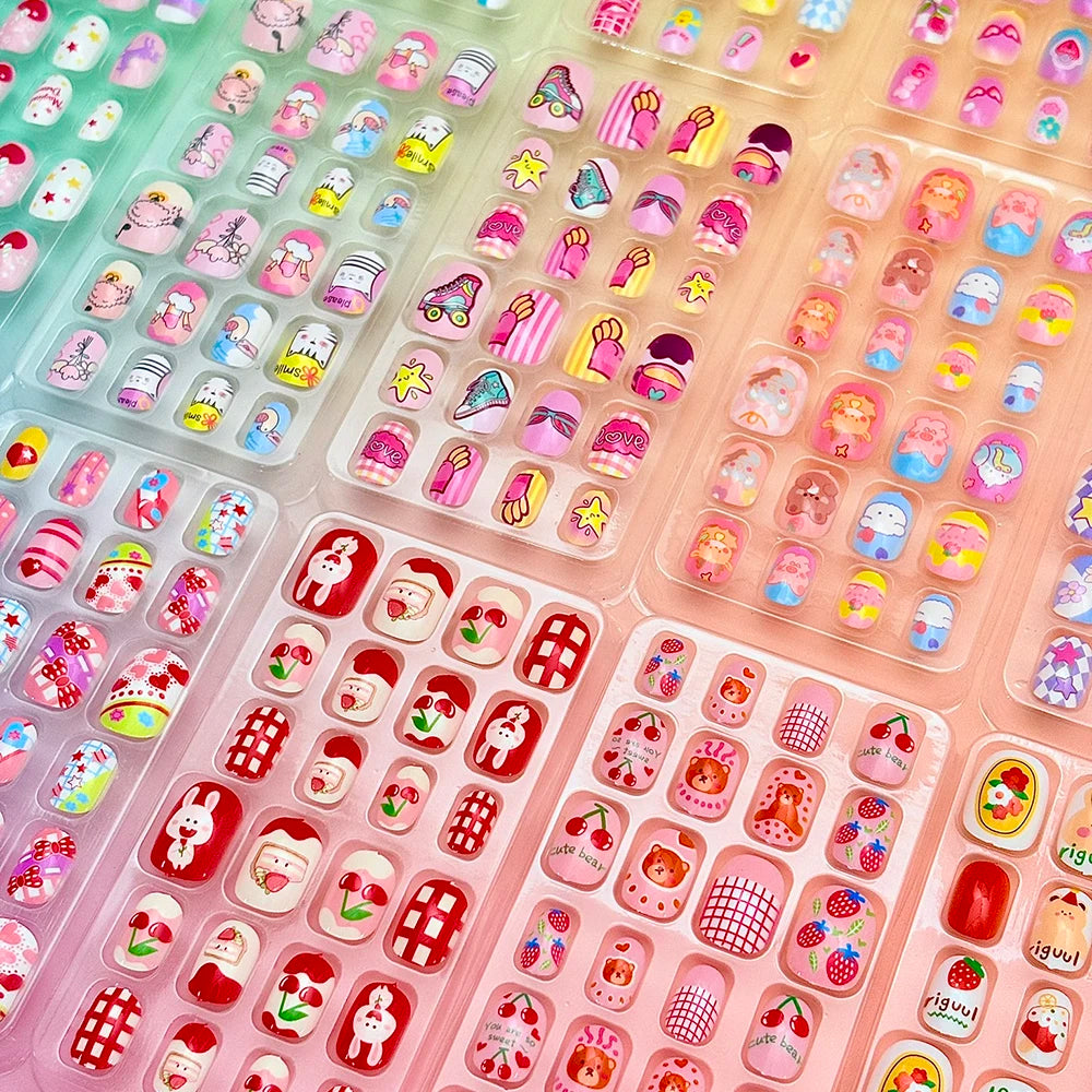 120pcs Cartoon Press On Nails For Kids Cute Children's Pink Acrylic Artificial Fale Nails With Glue&File Girls Gift-Fake Nails
