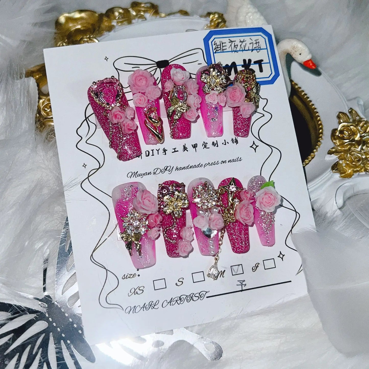 Press On Nails Handmade Pink Ombre 3D Rose Gold Accented Stunning Design False Nails Full Set 24pcs Comfort Fit 2 Glues