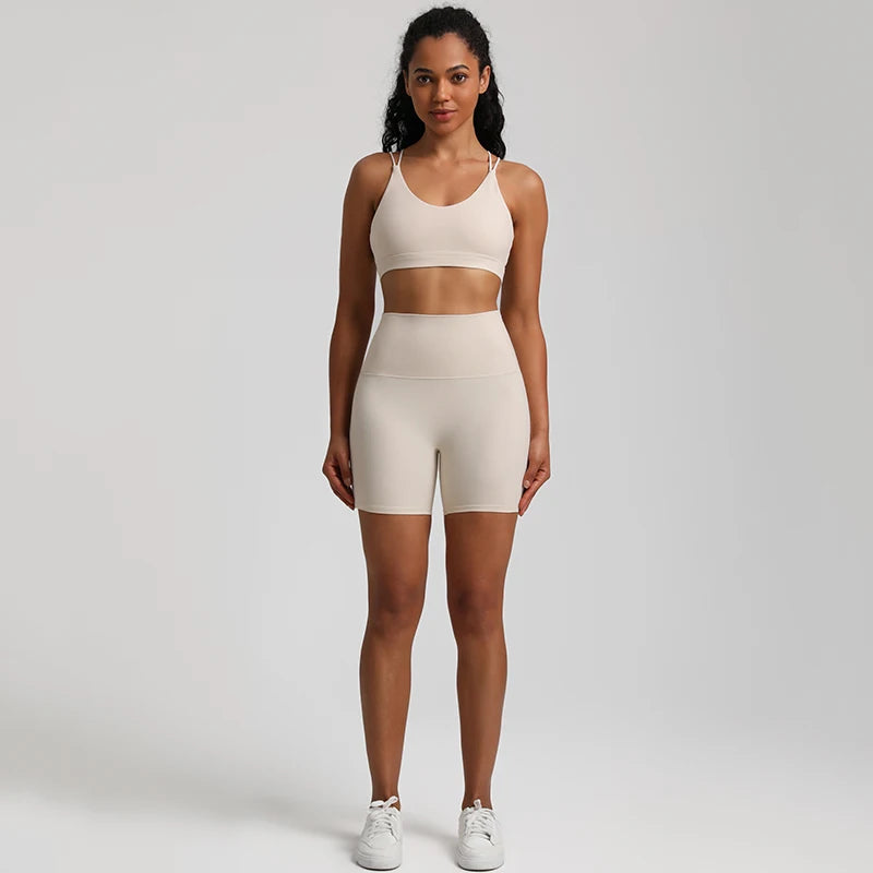 Naked Feel Gym Set Women Workout Clothes High Waist Yoga Shorts and Strappy Sports Bra 2 Piece Short Sets Summer Running Outfits