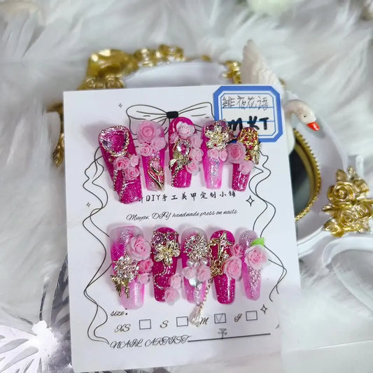 Press On Nails Handmade Pink Ombre 3D Rose Gold Accented Stunning Design False Nails Full Set 24pcs Comfort Fit 2 Glues