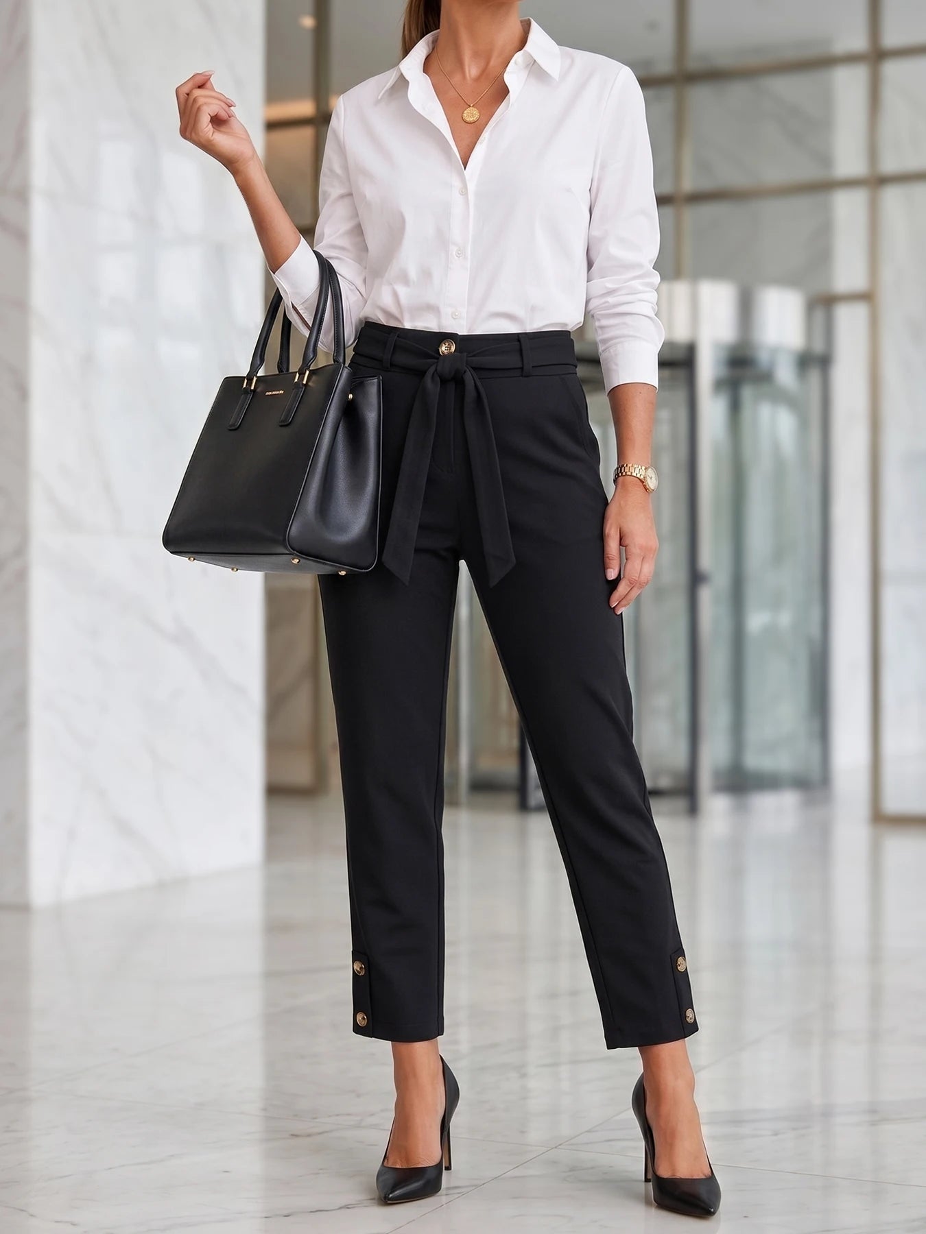 Women's elegant high-waisted formal business trousers with chic button details and cropped length.