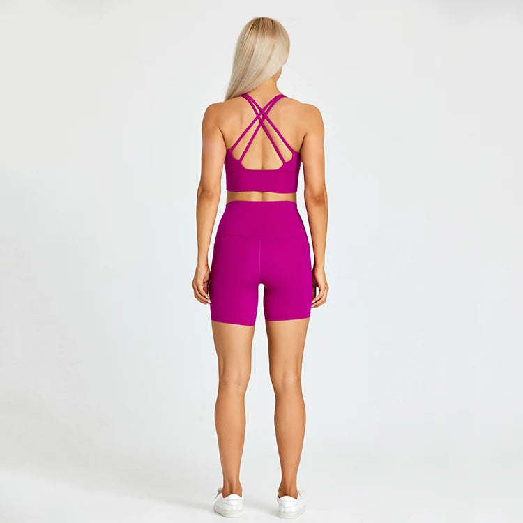 ABS LOLI Pockets Yoga Shorts Set Women Fitness Suit 2 Piece Sports Gym Wear Workout Clothes Running Sportswear Sport Outfit