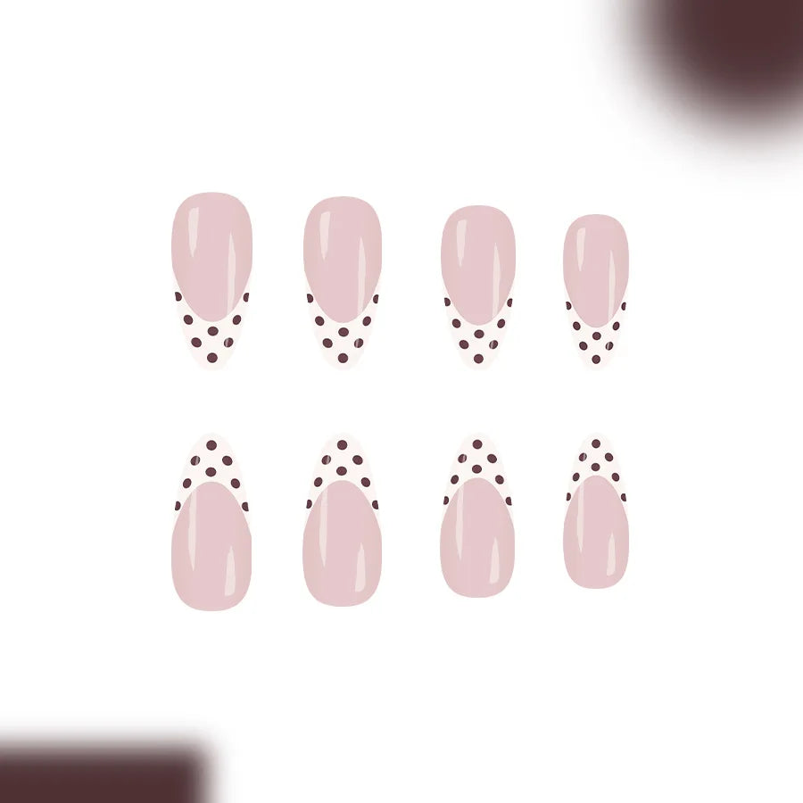 Sweet French Style Medium Almond Press On Nails 24pcs White with Brown Tips and Dots
