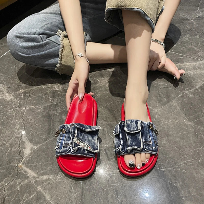 Shoes for Women 2025 Hot Sale Summer Women's Slippers Outdoor Solid Denim Open Toe Low-heeled Large Size Casual Slippers Women