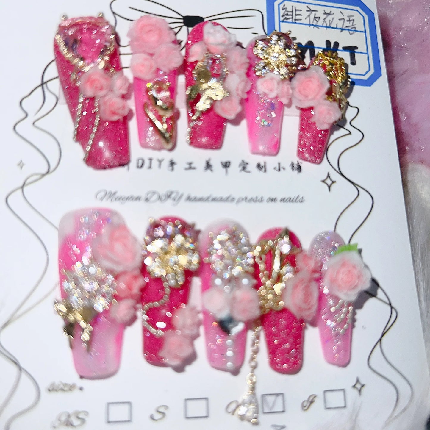 Press On Nails Handmade Pink Ombre 3D Rose Gold Accented Stunning Design False Nails Full Set 24pcs Comfort Fit 2 Glues