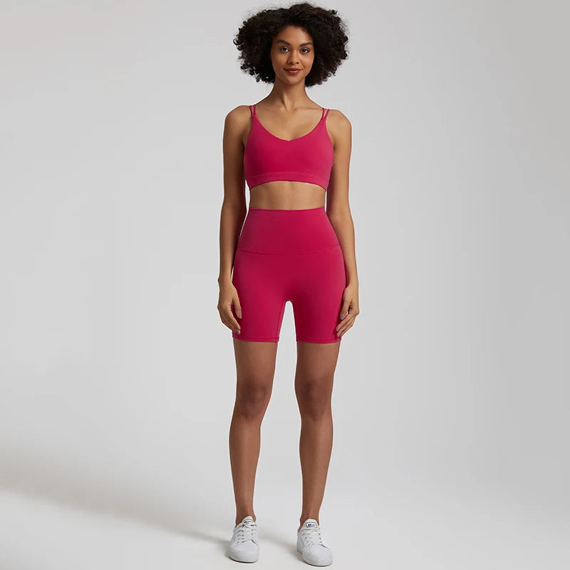 Naked Feel Gym Set Women Workout Clothes High Waist Yoga Shorts and Strappy Sports Bra 2 Piece Short Sets Summer Running Outfits
