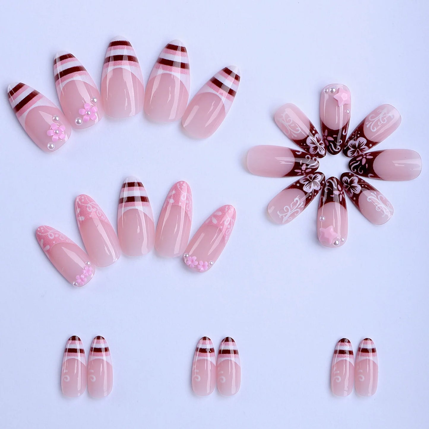 24pcs Spring Day Sweet False Nails Cute Pink Flower Star Pearl Designs Press On Nails Stripes French Style Almond Fake Nail