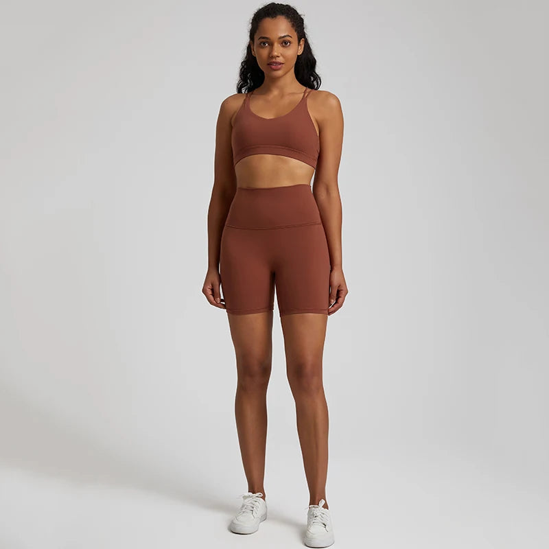 Naked Feel Gym Set Women Workout Clothes High Waist Yoga Shorts and Strappy Sports Bra 2 Piece Short Sets Summer Running Outfits