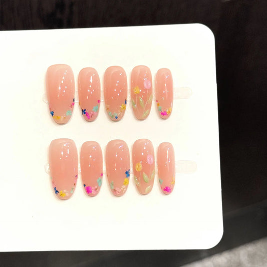 10Pcs Handmade Nude Pink Press On Nails with Floral Design Spring Summer Trendy False Nails With 4-PIECE Tools  Super-Strong