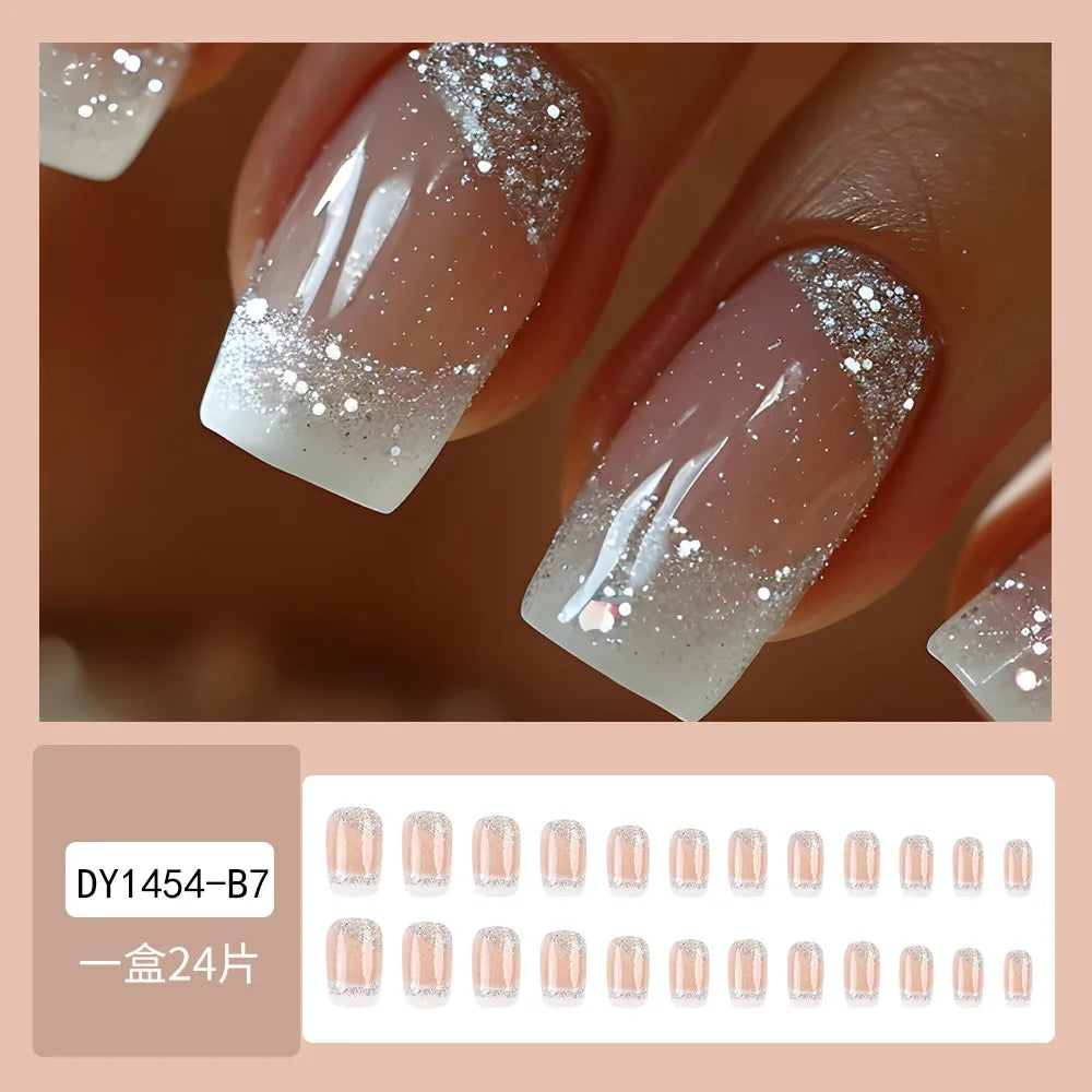 24pcs False Nails Sparkling White Edge French Nail Press on Nails Fake Nails DIY Manicure Detachable Nail Tips