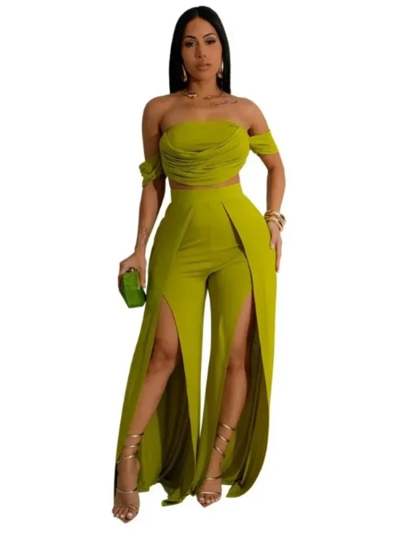 Women's Set Short Sleeve Slash Neck Ruched Tops and Wide Leg split Pants 2025 Street Two 2 Piece Sets Outfit Tracksuits