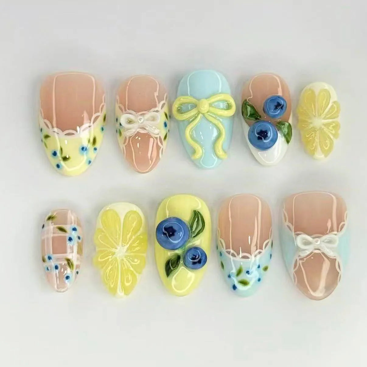 24PCS Spring Summer Pink French Press on Nails Fresh Lemon Strawberry Design Fake Nails for Women Sweet Fruit Almond False Nails