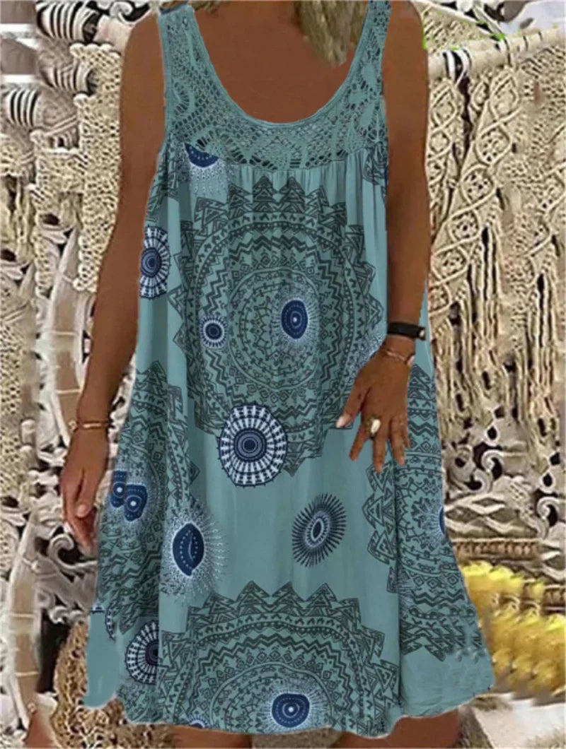 Elegant Lace Splicing O Neck Dresses Women Summer Comfortable Casual Sleeveless Dress Vintage Print Female Loose Midi Gown 2024
