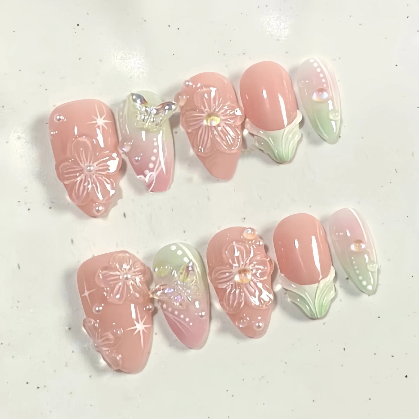 24PCS Spring Summer Pink French Press on Nails Fresh Lemon Strawberry Design Fake Nails for Women Sweet Fruit Almond False Nails