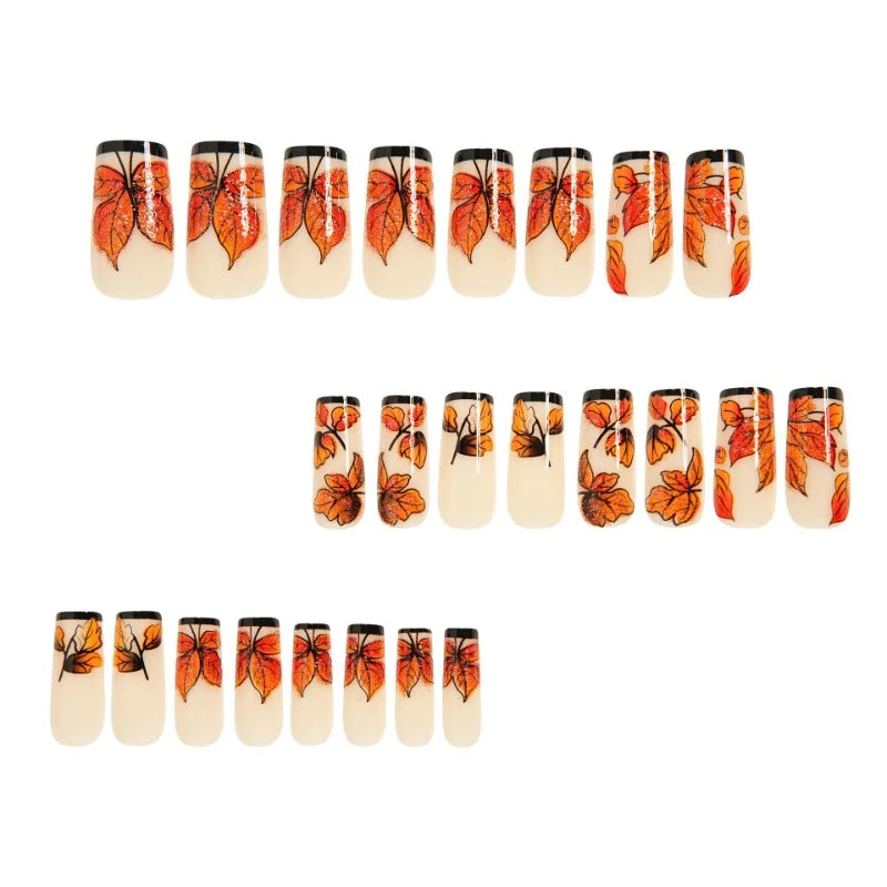 24pcs Nails Press on Medium Square Press on Nails with Tools Black French Reusable adhesive Nail Tips Leaf False Nails Wholesale