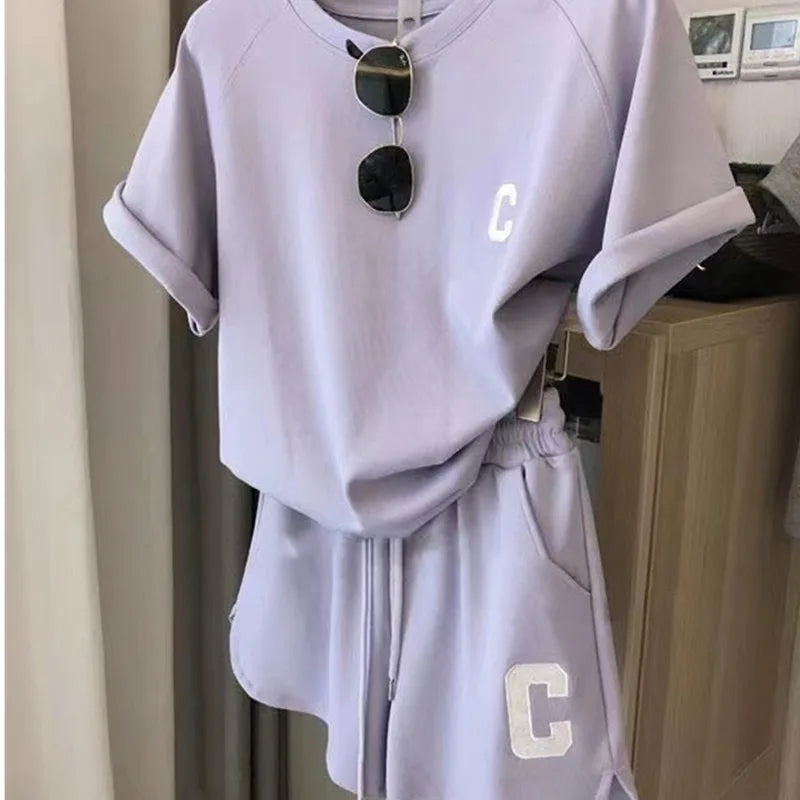  2 Piece Set Women Summer Loose Short Sleeve T-Shirt Casual Shorts Sports Print Letter Casual Suit Large Size Short Pajamas