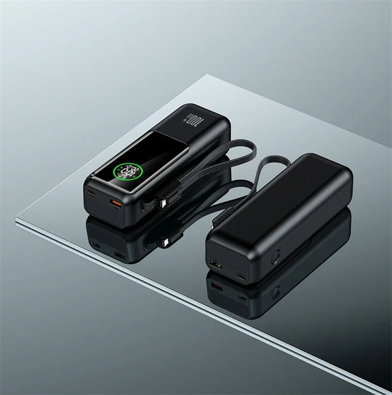 New 100W Super Fast Charging Power Bank with Built-in Cable High Capacity Portable Charger for Laptops Mobile Phones Tablets