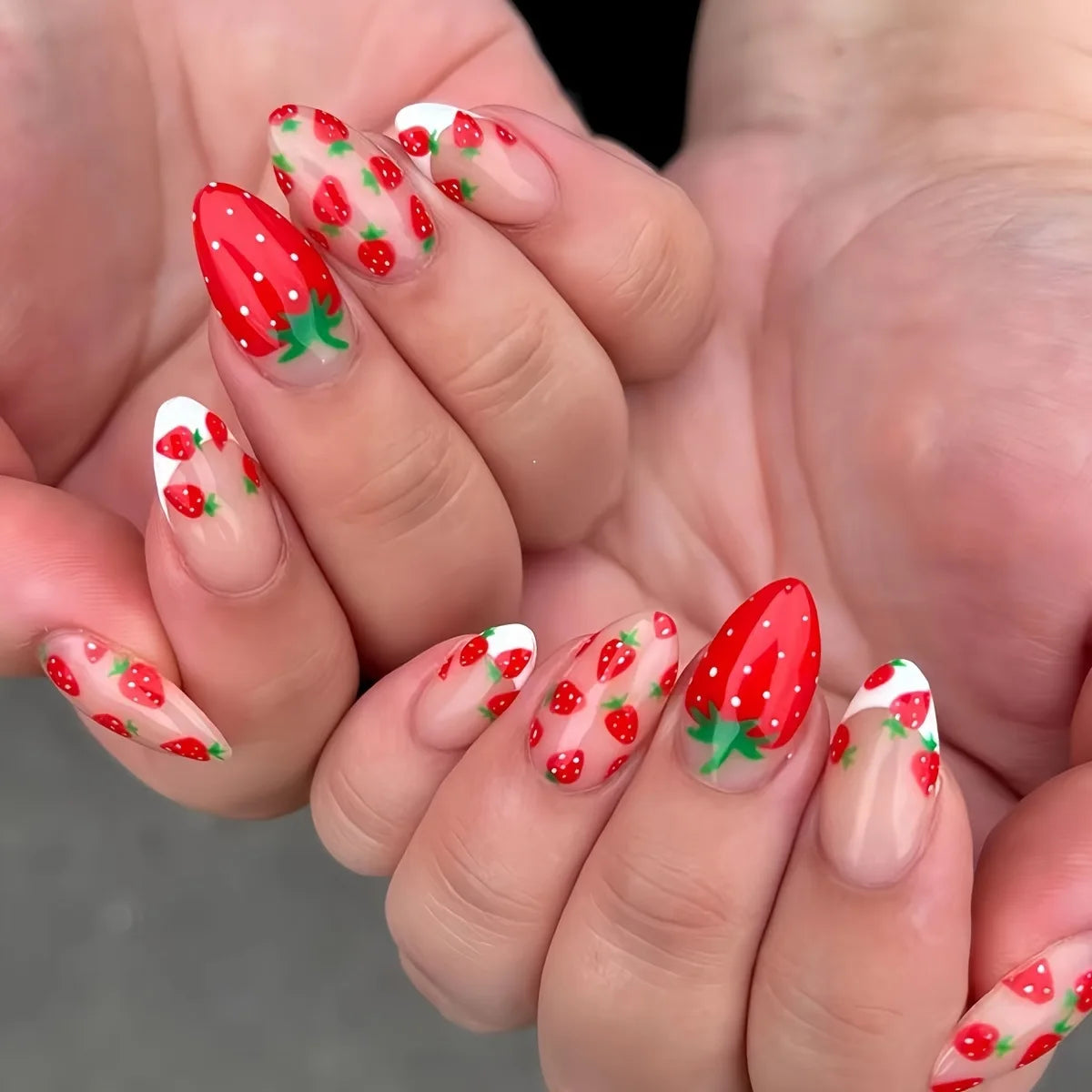 24PCS Spring Summer Pink French Press on Nails Fresh Lemon Strawberry Design Fake Nails for Women Sweet Fruit Almond False Nails