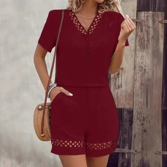 Women's Fashion Set Casual Solid V Neck Short Sleeve Tops+high Waist Shorts Two Piece Sets Women Summer Office Womens 2025