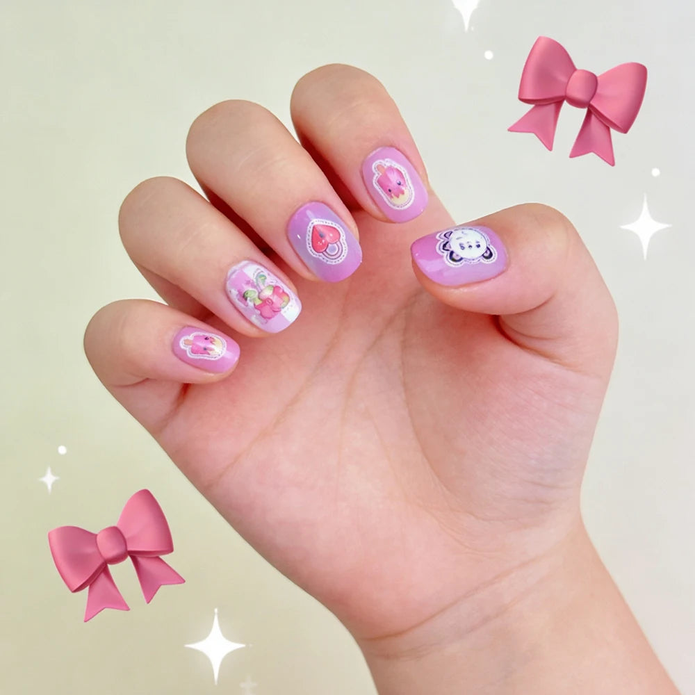 120pcs Cartoon Press On Nails For Kids Cute Children's Pink Acrylic Artificial Fale Nails With Glue&File Girls Gift-Fake Nails