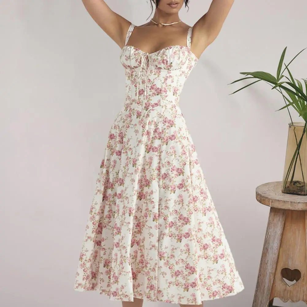 Comfortable Midi Dress for Women Sleeveless Party Dress Elegant Lace-up Bandeau Dress with Corset Design Side Split Hem Women's