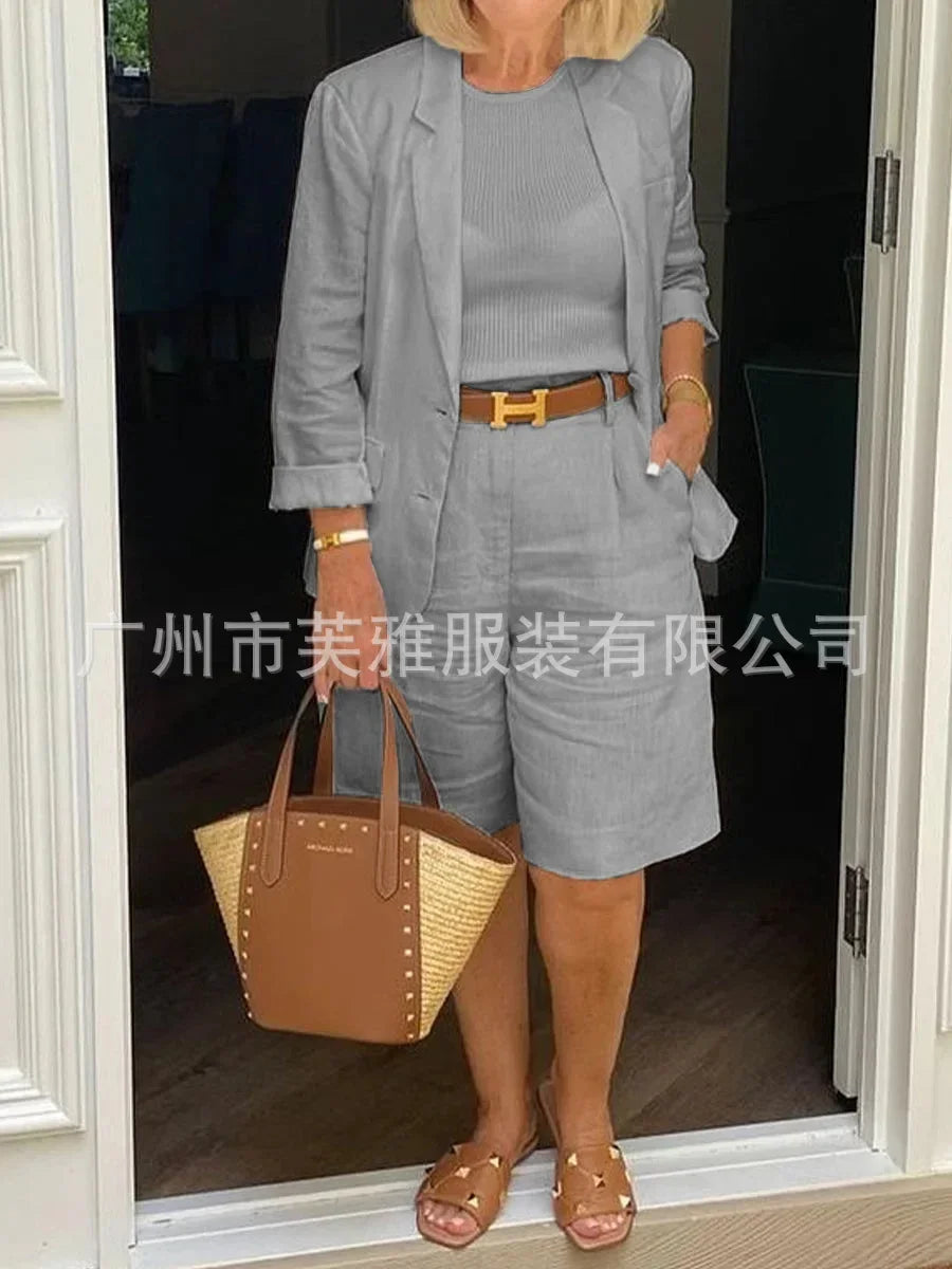 1 Set Blazer Short Sets Half Shorts Solid Color Single Breasted Women's Suit Summer Loose-fitting Buttons Outfit for Office