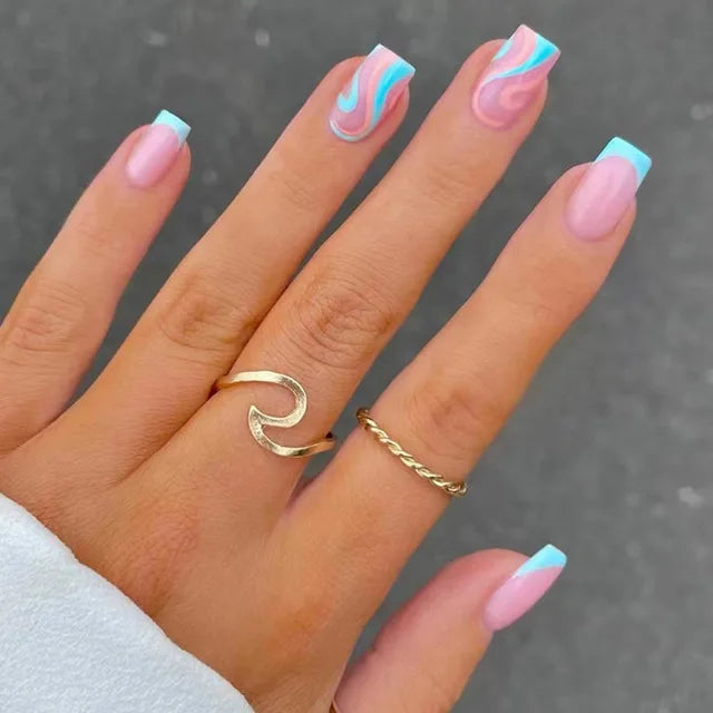 24Pcs Blue Flame Love Wearing False Nails Press On Nail Tips Full Cover Manicure Detachable Special Artificial Fake Nails Art