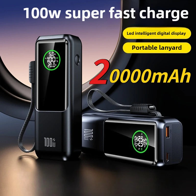New 100W Super Fast Charging Power Bank with Built-in Cable High Capacity Portable Charger for Laptops Mobile Phones Tablets