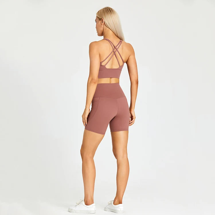 ABS LOLI Pockets Yoga Shorts Set Women Fitness Suit 2 Piece Sports Gym Wear Workout Clothes Running Sportswear Sport Outfit