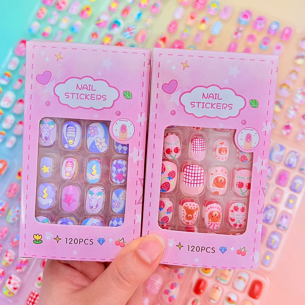 120pcs Cartoon Press On Nails For Kids Cute Children's Pink Acrylic Artificial Fale Nails With Glue&File Girls Gift-Fake Nails
